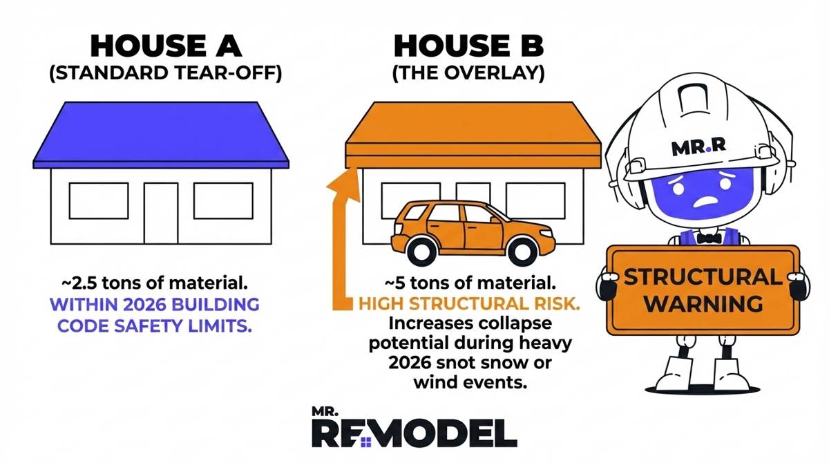 A structural safety infographic for 2026 roof replacements, comparing the weight of a single-layer roof to an overlay that adds approximately 5 tons of extra stress to a home's rafters.